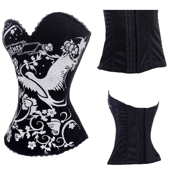 Black Satin Corset With White Bird Butterfly Flower Image Decoration